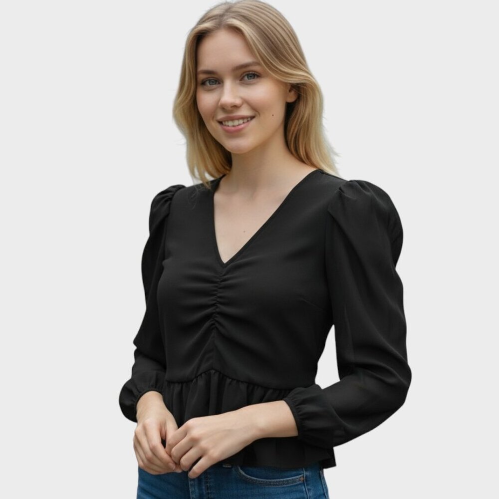 Topshop Womens 6 Black Ruched Puff Sleeve Peplum Blouse Office Chic